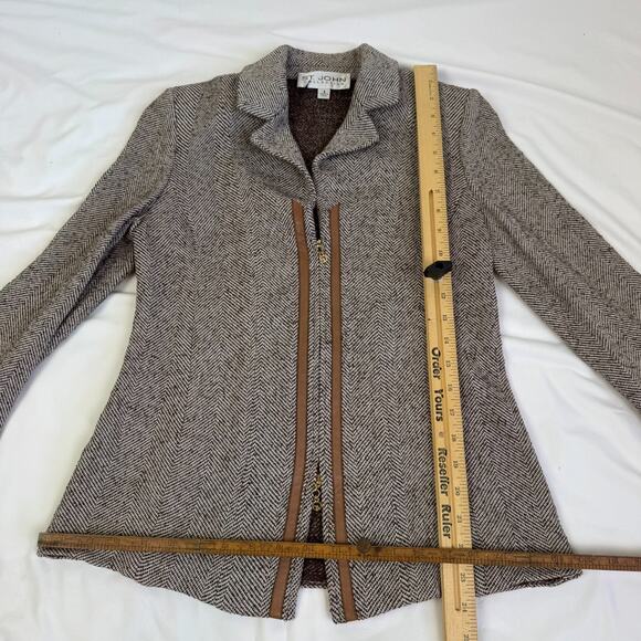 St. John Collection Blazer Jacket 4 S Chevron Wool Blend Brown Tan Unlined Zip - Picture 7 of 13